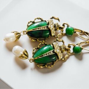 Gold Art Deco Scarab Beetle Baroque Pearl Earrings Green Bug Witchy Cottagecore